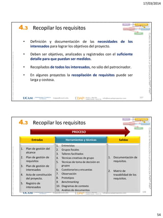 17/03/2014
54
magap@ucam.edu info@escuelaproyectos.com
CURSODEINTRODUCCIÓNALACERTIFICACIÓNPMP®-PMI®
PMPyPMBOKconmarcasregistradasdelProjectManagementInstitute,Inc
107
• Definición y documentación de las necesidades de los
interesados para lograr los objetivos del proyecto.
• Deben ser objetivos, analizados y registrados con el suficiente
detalle para que puedan ser medidos.
• Recopilados de todos los interesados, no sólo del patrocinador.
• En algunos proyectos la recopilación de requisitos puede ser
larga y costosa.
INICIO PLANIFICACIÓN
EJECUCIÓNSEGUIMIENTO
CIERRE
4.3 Recopilar los requisitos
magap@ucam.edu info@escuelaproyectos.com
CURSODEINTRODUCCIÓNALACERTIFICACIÓNPMP®-PMI®
PMPyPMBOKconmarcasregistradasdelProjectManagementInstitute,Inc
108
1. Plan de gestión del
alcance
2. Plan de gestión de
requisitos
3. Plan de gestión de
interesados
4. Acta de constitución
del proyecto.
5. Registro de
interesados
Entradas
1. Documentación de
requisitos.
2. Matriz de
trazabilidad de los
requisitos.
Salidas
1. Entrevistas
2. Grupos focales
3. Talleres facilitados
4. Técnicas creativas de grupo
5. Técnicas de toma de decisión en
grupos
6. Cuestionarios y encuestas
7. Observación
8. Prototipos
9. Benchmarking
10. Diagramas de contexto
11. Análisis de documentos
Herramientas y técnicas
PROCESO
INICIO PLANIFICACIÓN
EJECUCIÓNSEGUIMIENTO
CIERRE
4.3 Recopilar los requisitos
 