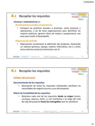 17/03/2014
57
magap@ucam.edu info@escuelaproyectos.com
CURSODEINTRODUCCIÓNALACERTIFICACIÓNPMP®-PMI®
PMPyPMBOKconmarcasregistradasdelProjectManagementInstitute,Inc
113
Benchmarking (estudios comparativos)
• Compara las prácticas actuales o previstas, como procesos y
operaciones, a las de otras organizaciones para identificar las
mejores prácticas, generar ideas de mejora y proporcionar una
base para medir el desempeño.
Diagramas de contexto
• Representan visualmente la definición del producto, mostrando
un sistema (proceso, equipo, sistema informático, etc.) y cómo
otros sistemas (actores) interactúan con él.
INICIO PLANIFICACIÓN
EJECUCIÓNSEGUIMIENTO
CIERRE
TÉCNICAS Y HERRAMIENTAS (4)
4.3 Recopilar los requisitos
magap@ucam.edu info@escuelaproyectos.com
CURSODEINTRODUCCIÓNALACERTIFICACIÓNPMP®-PMI®
PMPyPMBOKconmarcasregistradasdelProjectManagementInstitute,Inc
114
Salidas del proceso
Documentación de los requisitos
• Descripción de cómo los requisitos individuales satisfacen las
necesidades de negocio (business case) del proyecto.
Matriz de trazabilidad de los requisitos
• Relaciona cada uno de los requisitos desde su origen (diseño,
estrategia, objetivos, DAFO…) y los monitoriza a lo largo del ciclo
de vida del proyecto hasta los entregables que los satisfacen.
INICIO PLANIFICACIÓN
EJECUCIÓNSEGUIMIENTO
CIERRE
4.3 Recopilar los requisitos
 