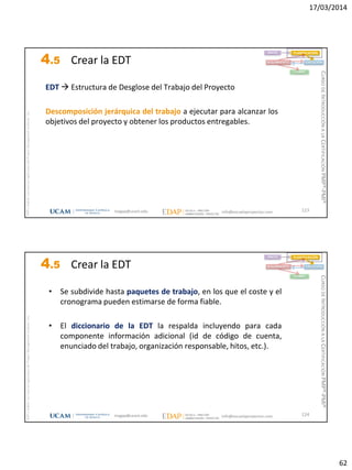 17/03/2014
62
magap@ucam.edu info@escuelaproyectos.com
CURSODEINTRODUCCIÓNALACERTIFICACIÓNPMP®-PMI®
PMPyPMBOKconmarcasregistradasdelProjectManagementInstitute,Inc
123
EDT  Estructura de Desglose del Trabajo del Proyecto
Descomposición jerárquica del trabajo a ejecutar para alcanzar los
objetivos del proyecto y obtener los productos entregables.
INICIO PLANIFICACIÓN
EJECUCIÓNSEGUIMIENTO
CIERRE
4.5 Crear la EDT
magap@ucam.edu info@escuelaproyectos.com
CURSODEINTRODUCCIÓNALACERTIFICACIÓNPMP®-PMI®
PMPyPMBOKconmarcasregistradasdelProjectManagementInstitute,Inc
124
• Se subdivide hasta paquetes de trabajo, en los que el coste y el
cronograma pueden estimarse de forma fiable.
• El diccionario de la EDT la respalda incluyendo para cada
componente información adicional (id de código de cuenta,
enunciado del trabajo, organización responsable, hitos, etc.).
INICIO PLANIFICACIÓN
EJECUCIÓNSEGUIMIENTO
CIERRE
4.5 Crear la EDT
 