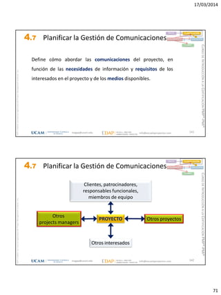 17/03/2014
71
magap@ucam.edu info@escuelaproyectos.com
CURSODEINTRODUCCIÓNALACERTIFICACIÓNPMP®-PMI®
PMPyPMBOKconmarcasregistradasdelProjectManagementInstitute,Inc
141
Define cómo abordar las comunicaciones del proyecto, en
función de las necesidades de información y requisitos de los
interesados en el proyecto y de los medios disponibles.
INICIO PLANIFICACIÓN
EJECUCIÓNSEGUIMIENTO
CIERRE
4.7 Planificar la Gestión de Comunicaciones
magap@ucam.edu info@escuelaproyectos.com
CURSODEINTRODUCCIÓNALACERTIFICACIÓNPMP®-PMI®
PMPyPMBOKconmarcasregistradasdelProjectManagementInstitute,Inc
142
Clientes, patrocinadores,
responsables funcionales,
miembros de equipo
Otros
projects managers
Otros proyectos
Otros interesados
PROYECTO
INICIO PLANIFICACIÓN
EJECUCIÓNSEGUIMIENTO
CIERRE
4.7 Planificar la Gestión de Comunicaciones
 