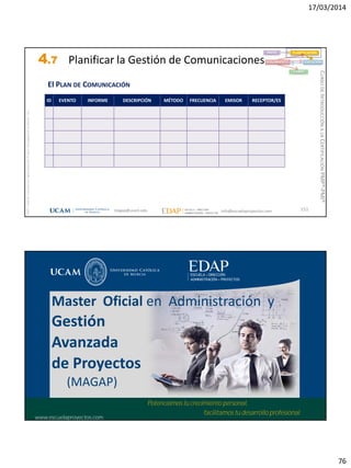 17/03/2014
76
magap@ucam.edu info@escuelaproyectos.com
CURSODEINTRODUCCIÓNALACERTIFICACIÓNPMP®-PMI®
PMPyPMBOKconmarcasregistradasdelProjectManagementInstitute,Inc
151
El PLAN DE COMUNICACIÓN
INICIO PLANIFICACIÓN
EJECUCIÓNSEGUIMIENTO
CIERRE
ID EVENTO INFORME DESCRIPCIÓN MÉTODO FRECUENCIA EMISOR RECEPTOR/ES
4.7 Planificar la Gestión de Comunicaciones
magap@ucam.edu info@escuelaproyectos.com
CURSODEINTRODUCCIÓNALACERTIFICACIÓNPMP®-PMI®
152
Master Oficial en Administración y
Gestión
Avanzada
de Proyectos
(MAGAP)
Potenciamos tu crecimiento personal,
facilitamos tu desarrollo profesional.
www.escuelaproyectos.com
 