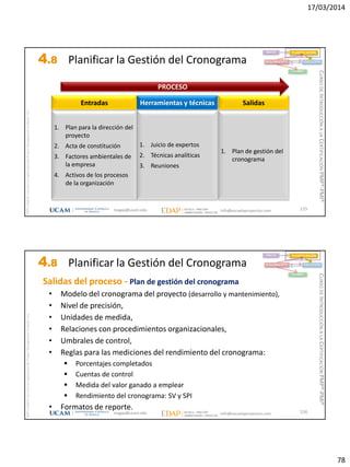 17/03/2014
78
magap@ucam.edu info@escuelaproyectos.com
CURSODEINTRODUCCIÓNALACERTIFICACIÓNPMP®-PMI®
PMPyPMBOKconmarcasregistradasdelProjectManagementInstitute,Inc
155
1. Plan para la dirección del
proyecto
2. Acta de constitución
3. Factores ambientales de
la empresa
4. Activos de los procesos
de la organización
Entradas
1. Plan de gestión del
cronograma
Salidas
1. Juicio de expertos
2. Técnicas analíticas
3. Reuniones
Herramientas y técnicas
PROCESO
INICIO PLANIFICACIÓN
EJECUCIÓNSEGUIMIENTO
CIERRE
4.8 Planificar la Gestión del Cronograma
magap@ucam.edu info@escuelaproyectos.com
CURSODEINTRODUCCIÓNALACERTIFICACIÓNPMP®-PMI®
PMPyPMBOKconmarcasregistradasdelProjectManagementInstitute,Inc
156
INICIO PLANIFICACIÓN
EJECUCIÓNSEGUIMIENTO
CIERRE
Salidas del proceso - Plan de gestión del cronograma
• Modelo del cronograma del proyecto (desarrollo y mantenimiento),
• Nivel de precisión,
• Unidades de medida,
• Relaciones con procedimientos organizacionales,
• Umbrales de control,
• Reglas para las mediciones del rendimiento del cronograma:
 Porcentajes completados
 Cuentas de control
 Medida del valor ganado a emplear
 Rendimiento del cronograma: SV y SPI
• Formatos de reporte.
4.8 Planificar la Gestión del Cronograma
 