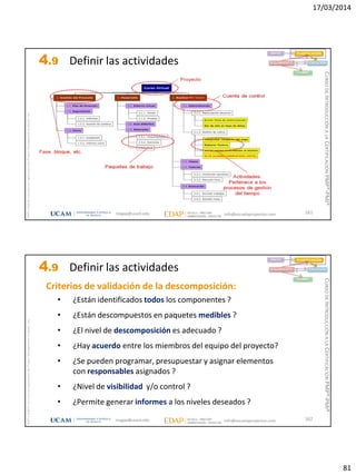 17/03/2014
81
magap@ucam.edu info@escuelaproyectos.com
CURSODEINTRODUCCIÓNALACERTIFICACIÓNPMP®-PMI®
PMPyPMBOKconmarcasregistradasdelProjectManagementInstitute,Inc
161
INICIO PLANIFICACIÓN
EJECUCIÓNSEGUIMIENTO
CIERRE
4.9 Definir las actividades
magap@ucam.edu info@escuelaproyectos.com
CURSODEINTRODUCCIÓNALACERTIFICACIÓNPMP®-PMI®
PMPyPMBOKconmarcasregistradasdelProjectManagementInstitute,Inc
162
Criterios de validación de la descomposición:
• ¿Están identificados todos los componentes ?
• ¿Están descompuestos en paquetes medibles ?
• ¿El nivel de descomposición es adecuado ?
• ¿Hay acuerdo entre los miembros del equipo del proyecto?
• ¿Se pueden programar, presupuestar y asignar elementos
con responsables asignados ?
• ¿Nivel de visibilidad y/o control ?
• ¿Permite generar informes a los niveles deseados ?
INICIO PLANIFICACIÓN
EJECUCIÓNSEGUIMIENTO
CIERRE
4.9 Definir las actividades
 