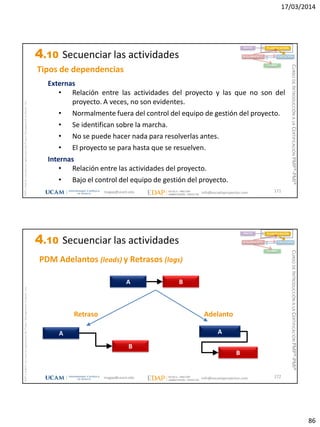 17/03/2014
86
magap@ucam.edu info@escuelaproyectos.com
CURSODEINTRODUCCIÓNALACERTIFICACIÓNPMP®-PMI®
PMPyPMBOKconmarcasregistradasdelProjectManagementInstitute,Inc
171
Tipos de dependencias
Externas
• Relación entre las actividades del proyecto y las que no son del
proyecto. A veces, no son evidentes.
• Normalmente fuera del control del equipo de gestión del proyecto.
• Se identifican sobre la marcha.
• No se puede hacer nada para resolverlas antes.
• El proyecto se para hasta que se resuelven.
Internas
• Relación entre las actividades del proyecto.
• Bajo el control del equipo de gestión del proyecto.
INICIO PLANIFICACIÓN
EJECUCIÓNSEGUIMIENTO
CIERRE
4.10 Secuenciar las actividades
magap@ucam.edu info@escuelaproyectos.com
CURSODEINTRODUCCIÓNALACERTIFICACIÓNPMP®-PMI®
PMPyPMBOKconmarcasregistradasdelProjectManagementInstitute,Inc
172
A B
A
B
Retraso
PDM Adelantos (leads) y Retrasos (lags)
A
B
Adelanto
INICIO PLANIFICACIÓN
EJECUCIÓNSEGUIMIENTO
CIERRE
4.10 Secuenciar las actividades
 