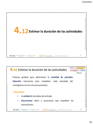 17/03/2014
89
Estimar la duración de las actividades4.12
177magap@ucam.edu info@escuelaproyectos.com
CURSODEINTRODUCCIÓNALACERTIFICACIÓNPMP®-PMI®
magap@ucam.edu info@escuelaproyectos.com
CURSODEINTRODUCCIÓNALACERTIFICACIÓNPMP®-PMI®
PMPyPMBOKconmarcasregistradasdelProjectManagementInstitute,Inc
178
Importante:
• la calidad de los datos de entrada.
• documentar datos y asunciones que respaldan las
estimaciones.
Proceso gradual para determinar la cantidad de períodos
laborales necesarios para completar cada actividad del
cronograma con los recursos previstos.
INICIO PLANIFICACIÓN
EJECUCIÓNSEGUIMIENTO
CIERRE
4.12 Estimar la duración de las actividades
 