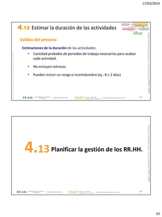 17/03/2014
93
magap@ucam.edu info@escuelaproyectos.com
CURSODEINTRODUCCIÓNALACERTIFICACIÓNPMP®-PMI®
PMPyPMBOKconmarcasregistradasdelProjectManagementInstitute,Inc
185
Estimaciones de la duración de las actividades:
• Cantidad probable de periodos de trabajo necesarios para acabar
cada actividad.
• No incluyen retrasos.
• Pueden incluir un rango o incertidumbre (ej.: 8 ± 2 días)
INICIO PLANIFICACIÓN
EJECUCIÓNSEGUIMIENTO
CIERRE
Salidas del proceso
4.12 Estimar la duración de las actividades
Planificar la gestión de los RR.HH.4.13
186magap@ucam.edu info@escuelaproyectos.com
CURSODEINTRODUCCIÓNALACERTIFICACIÓNPMP®-PMI®
 
