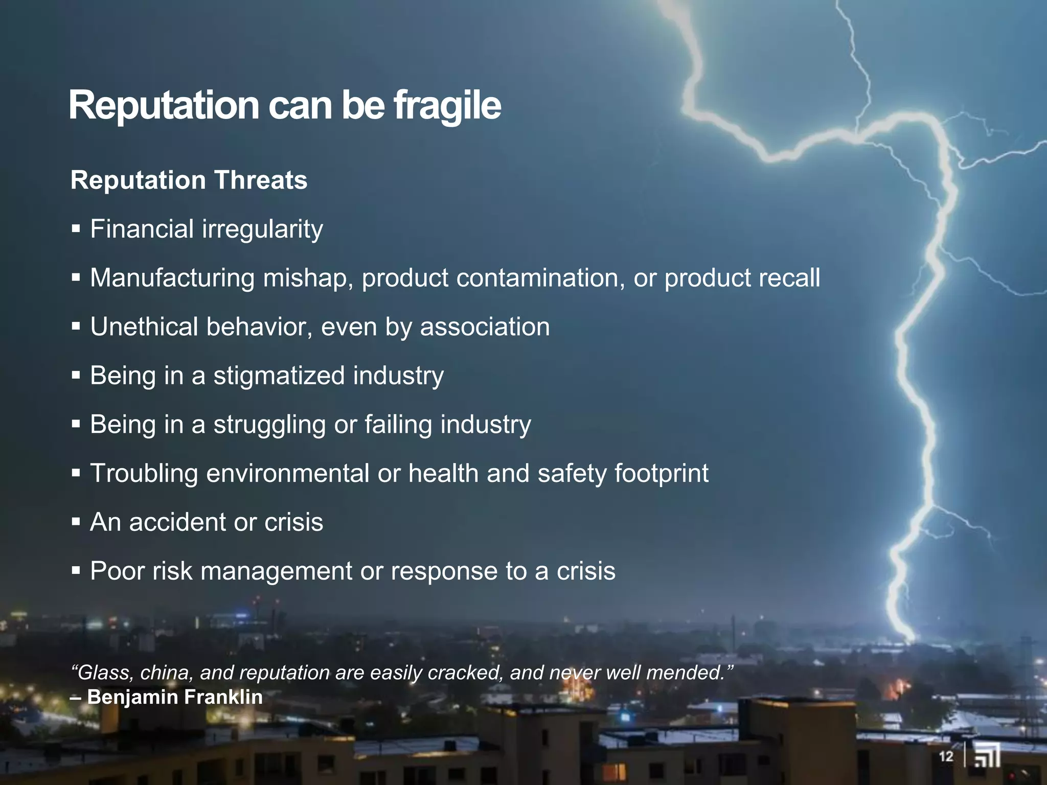 Reputation Threats
 Financial irregularity
 Manufacturing mishap, product contamination, or product recall
 Unethical behavior, even by association
 Being in a stigmatized industry
 Being in a struggling or failing industry
 Troubling environmental or health and safety footprint
 An accident or crisis
 Poor risk management or response to a crisis
Reputation can be fragile
“Glass, china, and reputation are easily cracked, and never well mended.”
– Benjamin Franklin
 