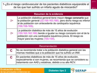 Diabetes tipo 2 Evaluación crítica de las principales evidencias en: La población diabética de más de 15 años de evolución  (159;160;162;168)  tiende a igualar su riesgo coronario con el de la población con una cardiopatía isquémica previa. El riesgo es mayor para las mujeres  (155-159) . 2+ La población diabética general tiene mayor  riesgo coronario  que la población general  (22;156-163;166),  pero dicho riesgo es inferior al de población con antecedente de cardiopatía isquémica  (156;158-169) . 2+ Resumen de la evidencia Recomendación En pacientes diabéticos de más de 15 años de evolución, especialmente si son mujeres, se recomienda que se considere su tratamiento con AAS y estatinas, debido a su alto RCV. C No se recomienda tratar a la población diabética general con las mismas medidas que a la población que ha sufrido un IAM. C 1-¿Es el riesgo cardiovascular de los pacientes diabéticos equiparable al de los que han sufrido un infarto agudo de miocardio?  