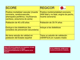 En su validación, el 68% de la muestra procedía de Cataluña. Sólo el 6% de la población era española, el resto pertenecía a países con un riesgo basal aproximadamente un 30% superior al de España. SCORE REGICOR Predice mortalidad vascular (muerte coronaria, cerebrovascular, arteriopatía periférica, insuficiencia cardíaca, aneurisma de aorta) Predice morbimortalidad coronaria (IAM fatal y no fatal, angina de pecho, muerte coronaria) Población de 40 a 65 años Población de 35-74 años Excluye a los diabéticos (los considera de prevención secundaria) Incluye a los diabéticos No tiene estudio de validad en población del Estado español Tiene un estudio de validación (VERIFICA) en nuestro medio 