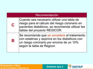 Diabetes tipo 2 Evaluación crítica de las principales evidencias en: Recomendación Se recomienda que  se considere  el tratamiento con estatinas y aspirina en los diabéticos con un riesgo coronario por encima de un 10% según la tabla de Regicor. B Cuando sea necesario utilizar una tabla de riesgo para el cálculo del riesgo coronario en pacientes diabéticos, se recomienda utilizar las tablas del proyecto REGICOR. C 