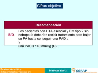 Diabetes tipo 2 Evaluación crítica de las principales evidencias en: Los pacientes con HTA esencial y DM tipo 2 sin nefropatía deberían recibir tratamiento para bajar su PA hasta conseguir una PAD  80 mmHg (B) y  una PAS 140 mmHg (D). B/D Recomendación Cifras objetivo 