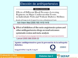 Diabetes tipo 2 Evaluación crítica de las principales evidencias en: Lancet 2005:366:2026-33 Ach Intern Med 2005:165:1410-1419 2008/2 Elección de antihipertensivo 