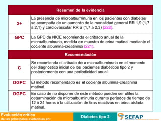 Diabetes tipo 2 Evaluación crítica de las principales evidencias en: En caso de no disponer de este método pueden ser útiles la  determinación de microalbuminuria durante períodos de tiempo de 12 ó 24 horas o la utilización de tiras reactivas en orina aislada  matinal. DGPC El método recomendado es el cociente albúmina-creatinina matinal. DGPC Se recomienda el cribado de a microalbuminuria en el momento del diagnóstico inicial de los pacientes diabéticos tipo 2 y posteriormente con una periodicidad anual. C Recomendación La GPC de NICE recomienda el cribado anual de la microalbuminuria, medida en muestra de orina matinal mediante el cociente albúmina-creatinina  (221) . GPC La presencia de microalbuminuria en los pacientes con diabetes se acompaña de un aumento de la mortalidad general RR 1,9 (1,7 a 2,1) y cardiovascular RR 2 (1,7 a 2,3)  (222) . 2+ Resumen de la evidencia 