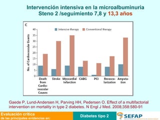 Gaede P, Lund-Andersen H, Parving HH, Pedersen O. Effect of a multifactorial  intervention on mortality in type 2 diabetes. N Engl J Med. 2008;358:580-91  Intervención intensiva en la microalbuminuria Steno 2 /seguimiento 7,8 y  13,3 años Diabetes tipo 2 Evaluación crítica de las principales evidencias en: 