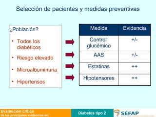 Diabetes tipo 2 Evaluación crítica de las principales evidencias en: ¿ Población? Todos los diabéticos Riesgo elevado Microalbuminuria Hipertensos ++ Hipotensores ++ Estatinas +/- AAS +/- Control  glucémico Evidencia Medida Selección de pacientes y medidas preventivas 