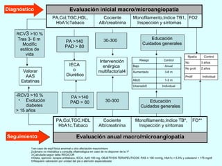 FO2 Monofilamento,Indice TB1, Inspección y síntomas Cociente Alb/creatinina PA,Col,TGC,HDL, HbA1cTabaco Evaluación inicial macro/microangiopatía IECA  o  Diurético Valorar AAS Estatinas Intervención enérgica  multifactorial4 -RCV3 >10 % Evolución diabetes > 15 años PA >140 PAD > 80 RCV 3  >10 % Tras 3- 6 m  Modific estilos de vida PA >140 PAD > 80 Individual Ulcerado5 1-3 m Alto5 3-6 m Aumentado Anual Bajo Control Riesgo 30-300  Evaluación anual macro/microangiopatía FO** Monofilamento,Indice TB*, Inspección y síntomas Cociente Alb/creatinina PA,Col,TGC,HDL HbA1c,Tabaco 1:en caso de expl física anormal u otra afectación macro/micro 2:cámara no midriática o consulta oftalmológica en caso de no disponer de la 1ª 3:Calculada según tabla REGICOR 4:Dieta, ejercicio ,terapia antitabaco, IECA, AAS 100 mg, OBJETIVOS TERAPEUTICOS: PAS ≤ 130 mmHg, HbA1c < 6,5% y colesterol < 175 mg/dl  5:Requiere valoración por unidad del pie o atención especializada 30-300  Educación Cuidados generales Individual Prolif 2 años No proli 3 años No Control Rpatía Educación Cuidados generales Diagnóstico Seguimient o 