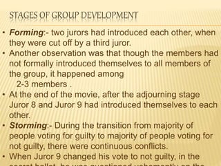 • Forming:- two jurors had introduced each other, when
they were cut off by a third juror.
• Another observation was that though the members had
not formally introduced themselves to all members of
the group, it happened among
2-3 members .
• At the end of the movie, after the adjourning stage
Juror 8 and Juror 9 had introduced themselves to each
other.
• Storming:- During the transition from majority of
people voting for guilty to majority of people voting for
not guilty, there were continuous conflicts.
• When Juror 9 changed his vote to not guilty, in the
STAGES OF GROUP DEVELOPMENT
 