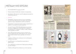 54 55
МЕЃАШИ НИЗ БРОЈКИ
•	 ОРГАНИЗИРАВМЕ 10 маршеви ЗА МИР.
•	 Органиозиравме 46 вебинари за време на пандамијата.
•	 Беа офатени 200 ученици и над 30 професори вклучени во
тековните активнспти.
•	 Кампањи
•	 Направивме 2 законски измени за постого казнување
на сексуалните престапници и во процес сме за уште 2
закони за средно образование и закон за семејство.
•	 Поддржавме 2 иницијативи за рамноправно родителство и
децата си ги дознаа биолошките родотели.
•	 За овие 30 години (1992-2022) обезбедена е нанков вид
на помош и поддршка на 32683 деца кои се јавиле на
Ало Бушавко/СОС телефонот за деца и млади. Опфатени
20263 пријавени случаеви.
•	 Над 1 300 волонтери земале учество во активностите.
Истите одработиле над 700 000 работни часа. Нивната
работа пресметана во пари е над еден ипол милиони
евра..
•	 Повеќе од 1 500 натписи за активностите на амбасадата
излезени се во печат.
•	 Над 2000 деца ги посетувале бесплатинте детски
работилници.
•	 Околу 8500 деца се зачлениле во Првата детска амбасада
во светот Меѓаши.
•	 Повеќе од 500 деца биле опфатени во летните кампови.
 