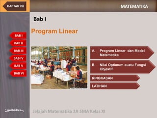 Program Linear
Bab I
BAB I
BAB II
BAB III
BAB IV
BAB V
BAB VI
A. Program Linear dan Model
Matematika
B. Nilai Optimum suatu Fungsi
Objektif
RINGKASAN
LATIHAN
DAFTAR ISI
 