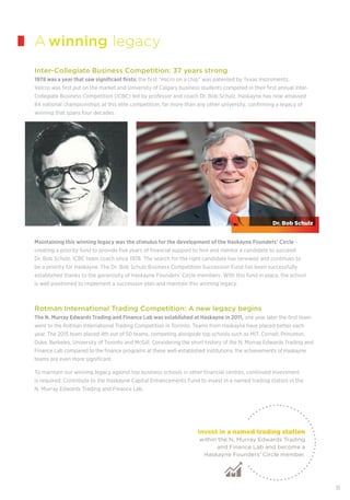 11
Invest in a named trading station
within the N. Murray Edwards Trading
and Finance Lab and become a
Haskayne Founders’ Circle member.
Inter-Collegiate Business Competition: 37 years strong
1978 was a year that saw signiﬁcant ﬁrsts: the ﬁrst "micro on a chip" was patented by Texas Instruments,
Velcro was ﬁrst put on the market and University of Calgary business students competed in their ﬁrst annual Inter-
Collegiate Business Competition (ICBC) led by professor and coach Dr. Bob Schulz. Haskayne has now amassed
84 national championships at this elite competition, far more than any other university, conﬁrming a legacy of
winning that spans four decades.
Maintaining this winning legacy was the stimulus for the development of the Haskayne Founders’ Circle –
creating a priority fund to provide ﬁve years of ﬁnancial support to hire and mentor a candidate to succeed
Dr. Bob Schulz, ICBC team coach since 1978. The search for the right candidate has renewed and continues to
be a priority for Haskayne. The Dr. Bob Schulz Business Competition Succession Fund has been successfully
established thanks to the generosity of Haskayne Founders’ Circle members. With this fund in place, the school
is well positioned to implement a succession plan and maintain this winning legacy.
Rotman International Trading Competition: A new legacy begins
The N. Murray Edwards Trading and Finance Lab was established at Haskayne in 2011, one year later the ﬁrst team
went to the Rotman International Trading Competition in Toronto. Teams from Haskayne have placed better each
year. The 2015 team placed 4th out of 50 teams, competing alongside top schools such as MIT, Cornell, Princeton,
Duke, Berkeley, University of Toronto and McGill. Considering the short history of the N. Murray Edwards Trading and
Finance Lab compared to the ﬁnance programs at these well-established institutions, the achievements of Haskayne
teams are even more signiﬁcant.
To maintain our winning legacy against top business schools in other ﬁnancial centres, continued investment
is required. Contribute to the Haskayne Capital Enhancements Fund to invest in a named trading station in the
N. Murray Edwards Trading and Finance Lab.
Dr. Bob Schulz
A winning legacy
 