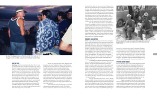 transportation, places to stay, game reserve things, every-
thing you can imagine; he had it all organized,” Bruce Brown
recounts. “John was the perfect host.” Gary Haselau, a long-
standing friend of Whitmore’s employed as a cameraman
for ESII (and whose hunting rifle Pat O’Connell shoots so
comically in the movie), exemplifies John’s kind of invaluable
contribution in one of the film’s classic scenes: “John
organized that beach buggy with the closed-in roof,” he
says. “Because we were going to the lion park, we took a
small O’Neill bag and some old suits and stuffed baby
chickens into the bag and let the lions do their thing.”
But, like the first time around, it was Whitmore’s
intimate knowledge of southern African surf conditions
and its coastline that had the most lasting effect on Brown’s
cinematic success. In an archive video of Whitmore,
filmed shortly before he passed away in 2001, the Oom
himself tells how he had convinced Bruce to postpone their
visit by a week to take advantage of a spring tide and full
moon following Easter. Brown wisely followed his advice.
“There wasn’t a day that we didn’t look at the ocean that
there wasn’t surf,” confirms Wingnut.
Gunshs and bsters
While washing off their jetlag, the American contingent
had a volatile introduction to pre-democracy South Africa.
Nelson Mandela had by then been freed, but “unrest” was
still a daily occurrence. As the crew traded glassy three-
foot peaks at a beachbreak in full view of Table Mountain,
Wingnut remembers the pop of rifles across the bay from
the city as police shot rubber bullets at protestors. Though,
says Wingnut, it didn’t seem to bother John and the
other South Africans, it spun the visitors out. “There was
full-on rioting going on,” he relates with an incredulous
laugh. “Pat and I were scared witless...it was really radical.
We were not ready for that, a couple of kids right out of
Southern California.”
Fortunately they all soon escaped up the safer and
much more sparsely populated west coast—Whitmore
territory—to the left-hand pointbreak at Elands Bay,
founded by John in 1957. Here, and at a few tucked-away
nearby reef breaks that he lead them to, they scored a
couple of days of glassy groundswell and feasted on crayfish
(lobsters) and seafood in the golden autumn evenings.
“What a great person to travel with,” says Wingnut. “John
knew every tree and corner...every sand dune, every mirage,
every kelp track; he had it all figured out, ‘Oh someone
went off the road here,’ ‘Someone screwed some girl there’
—it was pretty good.”
Next up came Jeffrey’s Bay and St. Francis. Though
Whitmore didn’t drive up with the crew, he soon flew in to
join them and the likes of Shaun Tomson and emerging Zulu
surfer Sharon Ngcobo on the ESII set. John himself hadn’t
been to the area for a couple of decades, and wherever he
went the locals were in awe, compounded by the addition of
Brown, Tomson, and company. “He definitely had that great
patriarch of surfing persona going,” remembers Wingnut.
“I mean there are a lot of people everywhere we went that
were so stoked to see him...he just had that effect.” Thanks
to John’s impeccable timing and Devil’s luck, they had also
arrived to firing overhead surf in J-Bay. “The guys there were
asking, ‘How did you do this? We’ve been waiting for months
for waves,’”says Haselau.“John was amazing with that kind of
stuff; he could always predict when the surf would come....”
Atlanc Ocean Gesis
Born on March 30, 1929, in the coastal suburb of Sea Point
in Cape Town. John Thornton Whitmore’s affinity for the
ocean began long before he reached high school. From
Afrikaner stock on his mother’s side and English descent on
his father’s, John’s mother had him when she was 40 and his
dad left shortly afterward, but he still provided for them well
enough. An only child suitably doted upon by his mother
(and a few of her middle-aged single siblings,who shared her
large apartment), in the mid- to late 1930s the prepubescent
John was free to roam, no doubt instilling in him his life-
long attributes of self-confidence and wanderlust.
Largely unchanged to this day, Sea Point is an area
characterized by high-rises and a long promenade featuring
manicured lawns and a high stone sea wall. This overlooks
craggy, surf-battered gullies scarred into the shale reef, the
largest of which is a small cove, Boat Bay, a mere block away
from John’s childhood home. Here, local fishermen would
o O Dogs
April 1992. Nearly three decades after Bruce Brown first
set foot in South Africa, on the secondstop of The Endless
Summer, he again arrives in the Cape of Good Hope. This
time it is to film a segment for his magnum opus’s long
overdue sequel, The Endless Summer II. Just like before,
Brown and his crew are greeted at the Cape Town airport
by goat-bearded South African surfing industry don and
guest star of the first movie, John Whitmore, who had
catalyzed Brown, August, and Hynson’s original travels
across South Africa in late 1963. Good friends who hadn’t
seen each other in years, John and Bruce’s ’90s reunion is
filled with backslapping bravado, ostensibly masking
their considerable stoke at seeing one another again. ESII
star Robert “Wingnut” Weaver describes with a chuckle
how they are like “two really old dogs sniffing each other’s
butts and trying to pee on each other....”
By then, the avuncular John “Oom” Whitmore had
long been an iconic “Godfather” figure in South African
surfing and was made famous as a surfboard entrepreneur,
his radio surf report, and as a contest administrator.
“Oom,” Afrikaans for uncle, was a respectful moniker
Whitmore had earned as a mentor for generations of local
surfers—among others his nephew and eventual IPS ’70s top
16 pro, Jonathan Paarman, as well as 1977 World Champion
Shaun Tomson. “The Oom got ahold of that beard of his
and he always looked like he was up to mischief,” says Shaun,
who in his teens knew Whitmore when he’d managed the
Springbok surfing teams. “Even way into his sixties he
had a great sense of humor. It always looked liked he was
hatching a scheme.”
As he had in the 1960s, the legendary resourceful
Capetonian once again eased the way for The Endless
Summer production. “Yeah, he had everything all set up:
77
The “Oom” talks story somewhere near Elands Bay on South Africa’s west coast with
Pat O’Connell, Robert “Wingnut” Weaver, Bruce Brown, and company after a day’s
surfing and a mussel and lobster feast, on the set of The Endless Summer II in 1992.
Whitmore circa mid-’60s in Cape Town, probably Muizenberg, with his nephew and
unsung South African Springbok surf prodigy-turned-troubled-hippie journeyman,
Donald Paarman.
SHaronMarSHall
JoHnWHitMorecollection
 