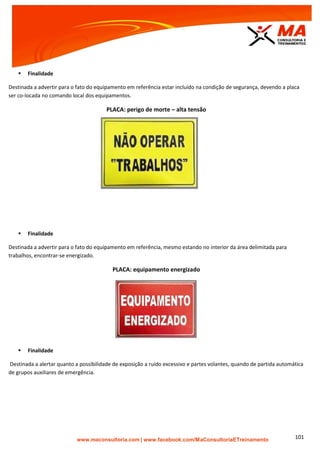 | www.facebook.com/MaConsultoriaETreinamento 101
 Finalidade
Destinada a advertir para o fato do equipamento em referência estar incluído na condição de segurança, devendo a placa
ser co-locada no comando local dos equipamentos.
PLACA: perigo de morte – alta tensão
 Finalidade
Destinada a advertir para o fato do equipamento em referência, mesmo estando no interior da área delimitada para
trabalhos, encontrar-se energizado.
PLACA: equipamento energizado
 Finalidade
Destinada a alertar quanto a possibilidade de exposição a ruído excessivo e partes volantes, quando de partida automática
de grupos auxiliares de emergência.
 
