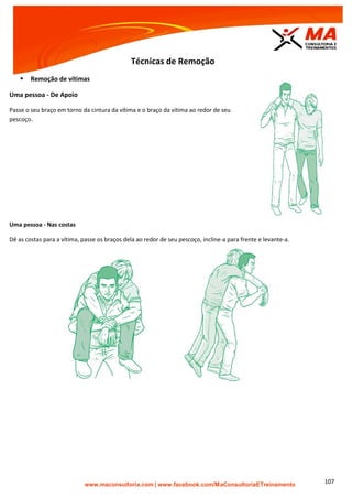 | www.facebook.com/MaConsultoriaETreinamento 107
Técnicas de Remoção
 Remoção de vítimas
Uma pessoa - De Apoio
Passe o seu braço em torno da cintura da vítima e o braço da vítima ao redor de seu
pescoço.
Uma pessoa - Nas costas
Dê as costas para a vítima, passe os braços dela ao redor de seu pescoço, incline-a para frente e levante-a.
 