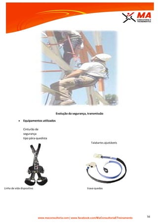 | www.facebook.com/MaConsultoriaETreinamento 56
Evolução da segurança, transmissão
 Equipamentos utilizados
Cinturão de
segurança
tipo pára-quedista
Talabartes ajustáveis
Linha de vida dispositivo trava-quedas
 