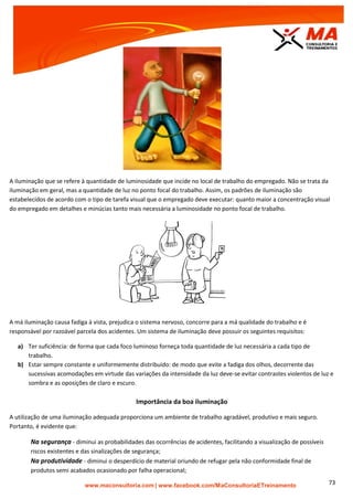 | www.facebook.com/MaConsultoriaETreinamento 73
A iluminação que se refere à quantidade de luminosidade que incide no local de trabalho do empregado. Não se trata da
iluminação em geral, mas a quantidade de luz no ponto focal do trabalho. Assim, os padrões de iluminação são
estabelecidos de acordo com o tipo de tarefa visual que o empregado deve executar: quanto maior a concentração visual
do empregado em detalhes e minúcias tanto mais necessária a luminosidade no ponto focal de trabalho.
A má iluminação causa fadiga à vista, prejudica o sistema nervoso, concorre para a má qualidade do trabalho e é
responsável por razoável parcela dos acidentes. Um sistema de iluminação deve possuir os seguintes requisitos:
a) Ter suficiência: de forma que cada foco luminoso forneça toda quantidade de luz necessária a cada tipo de
trabalho.
b) Estar sempre constante e uniformemente distribuído: de modo que evite a fadiga dos olhos, decorrente das
sucessivas acomodações em virtude das variações da intensidade da luz deve-se evitar contrastes violentos de luz e
sombra e as oposições de claro e escuro.
Importância da boa iluminação
A utilização de uma iluminação adequada proporciona um ambiente de trabalho agradável, produtivo e mais seguro.
Portanto, é evidente que:
Na segurança - diminui as probabilidades das ocorrências de acidentes, facilitando a visualização de possíveis
riscos existentes e das sinalizações de segurança;
Na produtividade - diminui o desperdício de material oriundo de refugar pela não conformidade final de
produtos semi acabados ocasionado por falha operacional;
 