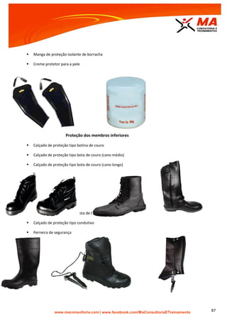 | www.facebook.com/MaConsultoriaETreinamento 87
 Manga de proteção isolante de borracha
 Creme protetor para a pele
Proteção dos membros inferiores
 Calçado de proteção tipo botina de couro
 Calçado de proteção tipo bota de couro (cano médio)
 Calçado de proteção tipo bota de couro (cano longo)
 Calçado de proteção tipo bota de borracha (cano longo)
 Calçado de proteção tipo condutivo
 Perneira de segurança
 