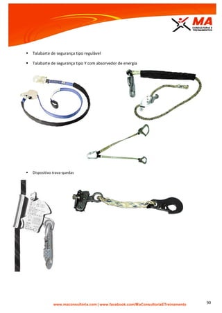 | www.facebook.com/MaConsultoriaETreinamento 90
 Talabarte de segurança tipo regulável
 Talabarte de segurança tipo Y com absorvedor de energia
 Dispositivo trava-quedas
 