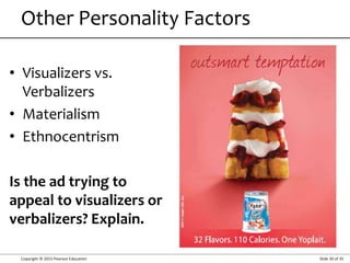Copyright © 2015 Pearson Education Slide 30 of 35
• Visualizers vs.
Verbalizers
• Materialism
• Ethnocentrism
Is the ad trying to
appeal to visualizers or
verbalizers? Explain.
Other Personality Factors
 