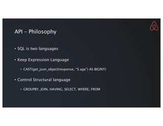 API – Philosophy
• SQL is two languages
• Keep Expression Language
• CAST(get_json_object(response, “$.age”) AS BIGINT)
• ...