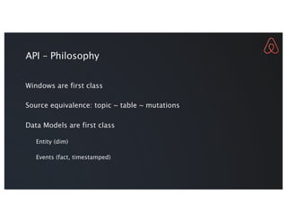 API – Philosophy
Windows are first class
Source equivalence: topic ~ table ~ mutations
Data Models are first class
Entity ...