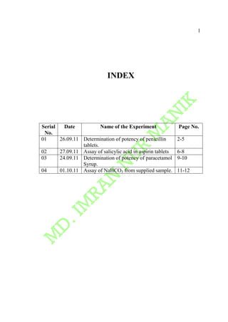 1
INDEX
Serial
No.
Date Name of the Experiment Page No.
01 26.09.11 Determination of potency of penicillin
tablets.
2-5
02 27.09.11 Assay of salicylic acid in aspirin tablets 6-8
03 24.09.11 Determination of potency of paracetamol
Syrup.
9-10
04 01.10.11 Assay of NaHCO3 from supplied sample. 11-12
 