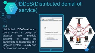 DDoS(Distributed denial of
service)
◇A
distributed (DDoS) attack o
ccurs when a group of
attacker use multiple
systems to flood the
bandwidth or resources of a
targeted system, usually one
or more web servers.
 