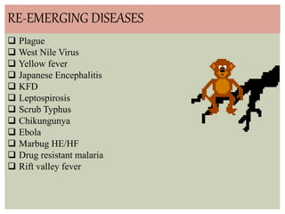RE-EMERGING DISEASES
 Plague
 West Nile Virus
 Yellow fever
 Japanese Encephalitis
 KFD
 Leptospirosis
 Scrub Typhus
 Chikungunya
 Ebola
 Marbug HE/HF
 Drug resistant malaria
 Rift valley fever
 