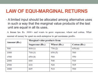 LAW OF EQUI-MARGINAL RETURNS
• A limited input should be allocated among alternative uses
in such a way that the marginal value products of the last
unit are equal in all its uses.
 