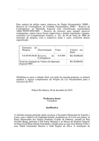 Para suporte da adição supra, reduza-se do Órgão Orçamentário 24000 -
  Reserva de Contingência, na Unidade Orçamentária 24001 - Reserva de
  Contingência, na Operação Especial com classificação orçamentária
  24001.99999.9999.9001 - Reserva de recursos para atender passivos
  contingentes, outros riscos fiscais imprevistos e demais legislações vigentes,
  conforme Lei Complementar Federal, n. 101, de 04 de maio de 2000 do
  elemento de despesa, com a respectiva fonte e valor, conforme abaixo
  especificado:


        Elemento     de
        Despesa           Discriminação     Fonte          Valores em
                                                           Reais
        9.9.99.99.99.00 Reserva      de       9-9-999      R$ 30.000,00
                        Contingência
     Total da Anulação de Valores da Operação              R$ 30.000,00
     Especial 9001




  Modifique-se para a redação final, em razão da emenda proposta, os demais
  quadros e anexos componentes do Projeto da Lei Orçamentária para o
  exercício de 2011.


                   Palácio Rio Branco, 06 de dezembro de 2010


                               Professora Josete
                                  Vereadora

                                  Justificativa


A referida emenda pretende aditar recursos à Secretaria Municipal do Esporte e
Lazer, com o objetivo de implantar/instalar Academia ao Ar Livre nas praças: a)
Praça Mansueden dos Santos Prudente (Capão da Imbuia), situada na Rua
Nivaldo Braga, próximo à EM Enéas Marques e ao Museu de História Natural;
b) Praça Zezé Ribas (Santa Felicidade), situada entre as ruas José Michna Filho e
ruas Nabal Guimarães Barreto e Aldo Kepler da Silva. A instalação da


Academia ao Ar Livre proporcionará à população destas localidades momentos
 