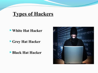 Types of Hackers
White Hat Hacker
Grey Hat Hacker
Black Hat Hacker
 