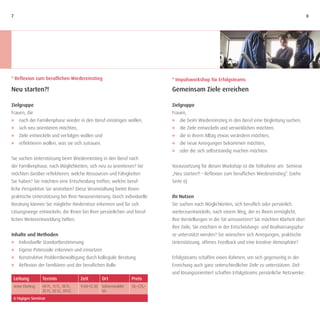 7                                                                                                                                                          8




* Reflexion zum beruflichen Wiedereinstieg                                           * Impulsworkshop für Erfolgsteams

Neu starten?!                                                                        Gemeinsam Ziele erreichen

Zielgruppe                                                                           Zielgruppe
Frauen, die                                                                          Frauen,
J nach der Familienphase wieder in den Beruf einsteigen wollen,                      J die beim Wiedereinstieg in den Beruf eine Begleitung suchen,
J      sich neu orientieren möchten,                                                 J   die Ziele entwickeln und verwirklichen möchten,
J      Ziele entwickeln und verfolgen wollen und                                     J   die in ihrem Alltag etwas verändern möchten,
J      reflektieren wollen, was sie sich zutrauen.                                   J   die neue Anregungen bekommen möchten,
                                                                                     J   oder die sich selbstständig machen möchten.
Sie suchen Unterstützung beim Wiedereinstieg in den Beruf nach
der Familienphase, nach Möglichkeiten, sich neu zu orientieren? Sie                  Voraussetzung für diesen Workshop ist die Teilnahme am Seminar
möchten darüber reflektieren, welche Ressourcen und Fähigkeiten                      „Neu starten?! – Reflexion zum beruflichen Wiedereinstieg“. (siehe
Sie haben? Sie möchten eine Entscheidung treffen, welche beruf-                      Seite 6)
liche Perspektive Sie anstreben? Diese Veranstaltung bietet Ihnen
praktische Unterstützung bei Ihrer Neuorientierung. Durch individuelle               Ihr Nutzen
Beratung können Sie mögliche Hindernisse erkennen und für sich                       Sie suchen nach Möglichkeiten, sich beruflich oder persönlich
Lösungswege entwickeln, die Ihnen bei Ihrer persönlichen und beruf-                  weiterzuentwickeln, nach einem Weg, der es Ihnen ermöglicht,
lichen Weiterentwicklung helfen.                                                     Ihre Vorstellungen in die Tat umzusetzen? Sie möchten Klarheit über
                                                                                     Ihre Ziele, Sie möchten in der Entscheidungs- und Realisierungspha-
Inhalte und Methoden                                                                 se unterstützt werden? Sie wünschen sich Anregungen, praktische
J Individuelle Standortbestimmung                                                    Unterstützung, offenes Feedback und eine kreative Atmosphäre?
J      Eigene Potenziale erkennen und einsetzen
J      Konstruktive Problembewältigung durch kollegiale Beratung                     Erfolgsteams schaffen einen Rahmen, um sich gegenseitig in der
J      Reflexion der familiären und der beruflichen Rolle                            Erreichung auch ganz unterschiedlicher Ziele zu unterstützen. Ziel-
                                                                                     und lösungsorientiert schaffen Erfolgsteams persönliche Netzwerke.
    Leitung        Termin                    Zeit         Ort            Preis
    Anne Ebeling   04.11., 11.11., 18.11.,   9:00–12:30   Vahrenwalder   50,–/25,–
                   25.11., 02.12., 09.12.                 Str.
    6-tägiges Seminar
 