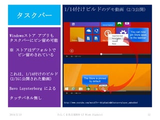 1/14付けビルドのデモ動画 (2/3公開)

タスクバー
Windowsストア アプリも
タスクバーにピン留め可能
※ ストアはデフォルトで
ピン留めされている

これは、1/14付けのビルド
(2/3に公開された動画)
Bavo Luysterborg による
タッチパネル無し
http://www.youtube.com/watch?v=-4AipGum1eQ&feature=player_embedded

2014/2/15

わんくま名古屋#30 LT Win8.1Update1

12

 
