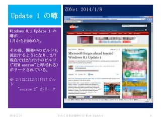 ZDNet 2014/1/8

Update 1 の噂
Windows 8.1 Update 1 の
噂が
1月から出始めた。
その後、開発中のビルドも
流出するようになり、2/7
現在では2/1付けのビルド
("RTM escrow"と呼ばれる)
がリークされている。

※ 2/12には2/11付けビル
ド
"escrow 2" がリーク

2014/2/15

わんくま名古屋#30 LT Win8.1Update1

4

 