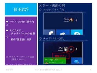 スタート画面の例

目玉は?

◇ タッチパネル有り
http://www.theverge.com/2014/2/7/5390024/windows-8-1-update-1-boot-to-desktop-ui-changes

◆ マウスでの使い勝手向
上
◆ そのために、

タッチパネルの有無
で
動作/既定値に差異

◇ タッチパネル無し
http://www.winbeta.org/news/hands-windows-81-update-1-new-features-and-more-video

※ マウス/キーボードの接続
も関係するかも。

※ スタート画面の検索ボタン
→検索チャームを開くだ
2014/2/15
わんくま名古屋#30
け

電源ボタン

LT Win8.1Update1

6

 