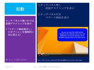 ◇タッチパネル無し
直接デスクトップを表示

起動

◇タッチパネル付き
スタート画面を表示
タッチパネルの無いPCでは
直接デスクトップを表示
(「スタート画面飛ばし」
のオプションを強制的に
ONに変える)

※ ちょっと信じがたい

2014/2/15

http://www.youtube.com/watch?v=FL8ifmbd6ME&feature=player_detailpage

わんくま名古屋#30 LT Win8.1Update1

8

 