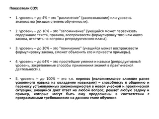 Показатели СОУ:
• 1. уровень – до 4% – это "различение" (распознавание) или уровень
знакомства (низшая степень обученности).
• 2. уровень – до 16% – это "запоминание" (учащийся может пересказать
содержание текста, правила, воспроизвести формулировку того или иного
закона, ответить на вопросы репродуктивного плана).
• 3. уровень – до 30% – это "понимание" (учащийся может воспроизвести
формулировку закона, сможет объяснить его и привести примеры).
• 4. уровень – до 64% – это простейшие умения и навыки (репродуктивный
уровень, закрепленные способы применения знаний в практической
деятельности).
• 5. уровень – до 100% – это т.н. перенос (положительное влияние ранее
усвоенного навыка на овладение навыками) – способность к общению и
переносу установленных закономерностей в новой учебной и практической
ситуации; учащийся дает ответ на любой вопрос, решает любую задачу и
пример, которые могут быть ему предложены в соответствии с
программными требованиями на данном этапе обучения.
 