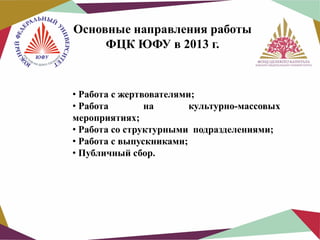 Основные направления работы
ФЦК ЮФУ в 2013 г.

• Работа с жертвователями;
• Работа
на
культурно-массовых
мероприятиях;
• Работа со структурными подразделениями;
• Работа с выпускниками;
• Публичный сбор.

 