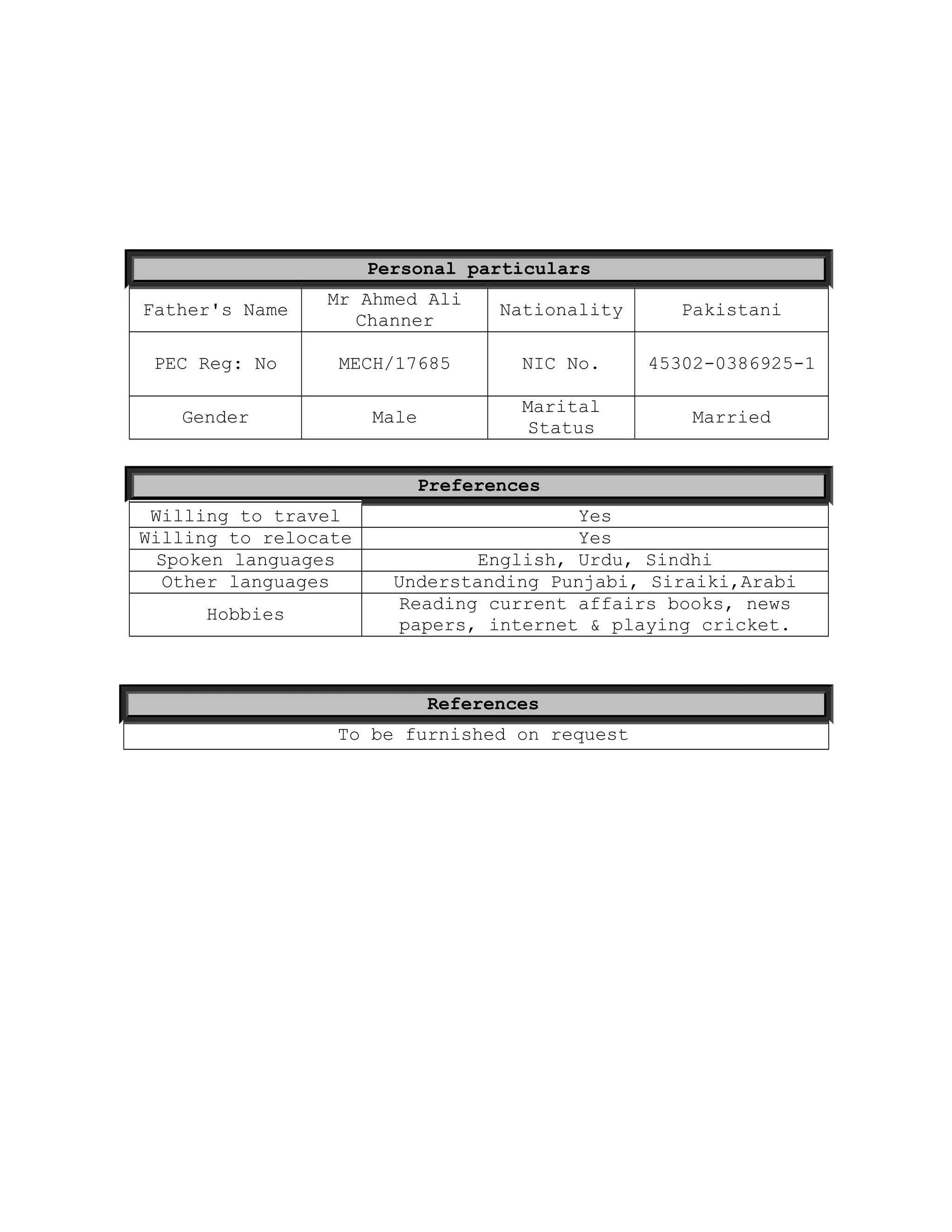Personal particulars
Father's Name
Mr Ahmed Ali
Channer
Nationality Pakistani
PEC Reg: No MECH/17685 NIC No. 45302-0386925-1
Gender Male
Marital
Status
Married
Preferences
Willing to travel Yes
Willing to relocate Yes
Spoken languages English, Urdu, Sindhi
Other languages Understanding Punjabi, Siraiki,Arabi
Hobbies
Reading current affairs books, news
papers, internet & playing cricket.
References
To be furnished on request
 