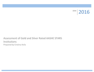 Assessment	
  of	
  Gold	
  and	
  Silver	
  Rated	
  AASHE	
  STARS	
  
Institutions	
  
Prepared	
  by	
  Cristina	
  Avila	
  	
  
June	
  
2016	
  
 