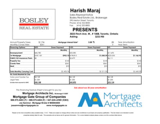 Harish Maraj
                                                                                                    Sales Representative
                                                                                                    Bosley Real Estate Ltd., Brokerage
                                                                                                    290 Merton Street, Toronto
                                                                                                    Phone: (416) 322-8000
                                                                                                    Fax:   (416) 322-8800

                                                                                                         PRESENTS
                                                                                                    3025 Finch Ave. W., # 1008, Toronto, Ontario
                                                                                                    Asking:                $229,000

Annual Property Taxes                          $1,736                           Mortgage Interest Rate*                             3.69 %                                 25         Year Amortization
Monthly Condo Fees                              $261                                                                                                                       5          Year Term
Financing Options                       20%                         Down Payment                    15%                            Down Payment                      5%                        Down Payment
                                                                                    Monthly                                                       Monthly                                                    Monthly
Downpayment                             $45,800                                                     $34,350                                                          $11,450
1st Mortgage                            $183,200                                        $933.13 $194,650                                              $1,008.80 $217,550                                        $1,138.57
CMHC/GE Insurance Prem.                 $0                                                          $3,406                                                           $5,983
Property Tax                                                                                $145                                                             $145                                                   $145
Condo Fees                                                                                  $261                                                             $261                                                   $261
Heat                                                                                          $75                                                              $75                                                     $75


Total Monthly Carrying Cost                                                           $1,413.80                                                        $1,489.47                                                $1,619.23
Est. Funds Required for Clsg
Total Land Transfer Tax                 $4,128                                                      $4,128                                                           $4,128
Legal Fees                              $1,200                                                      $1,200                                                           $1,200
Includes down payment & CMHC            $51,128                                                     $43,084                                                          $22,761


                                                                                                           Ask about our 30 year amortization
         This Financing Feature Sheet is brought to you by:
                   Mortgage Architects Inc. Brokerage # 10287
    Mortgage Gate Group of Companies
888.575.4403 (T) ~ 888.575.4404 (F) ~ 647-224-LEND (5363)
        Joe Sammut - Mortgage Broker # M08004805
 joesammut@mortgagegate.ca         www.mortgagegate.ca


  *Based on the most competitive rates available today. O.A.C. Rates are subject to change without notice and are conditional on purchaser and property qualification. This fact sheet is not intended to solicit
                     properties already listed for sale. The examples set out above are for general information. For a more detailed analysis please contact us at the numbers listed above.
 